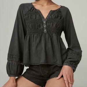 Lucky Brand Charcoal Cotton Textured Babydoll Smocked Blouse